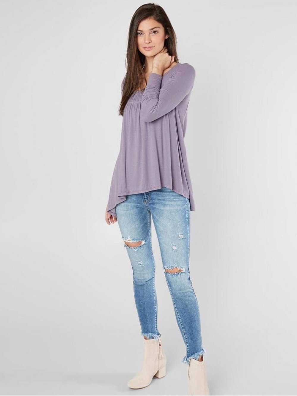 Free People Lavender Scoop-Neck Long Sleeve Blouse Love Valley Top Size Small